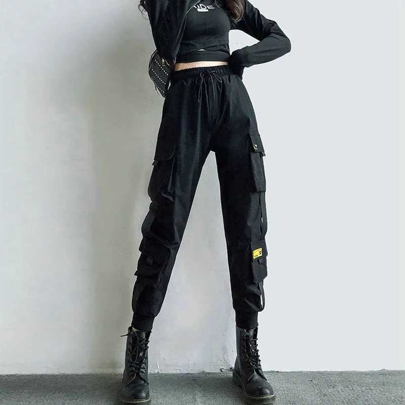 Women's Cargo Pants Black Ribbon Pocket Jogger Elastic Waist High Streetwear Harajuku Pant Punk Females Trousers Harem Pants Y0811