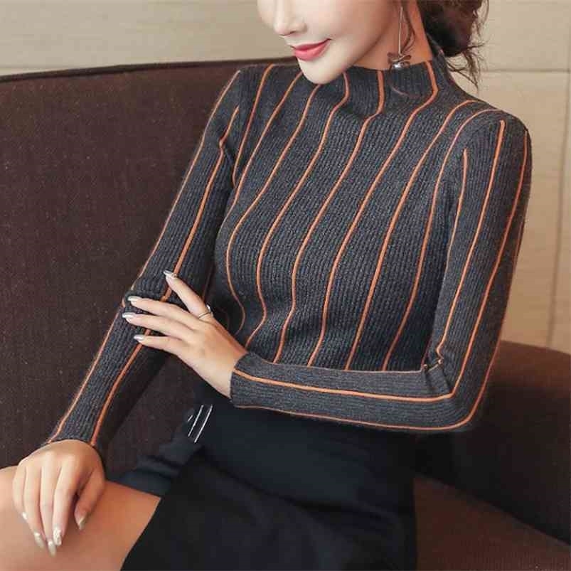 SEXMKL Striped Turtleneck Pullover Women Winter Thick Sweater Red Korean Ladies Office Knitted Black Top Pull Femme 210805