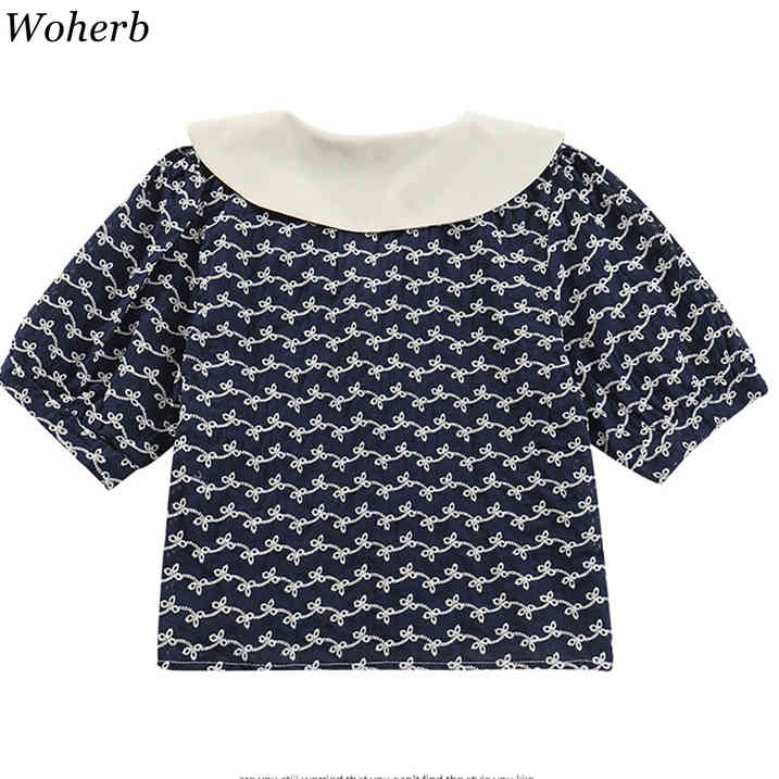 Blouse Women Summer Loose Short-sleeve Print Shirt Korean Temperament Peter Pan Collar Slim Fit Tops Elegant Blusas Mujer 210519