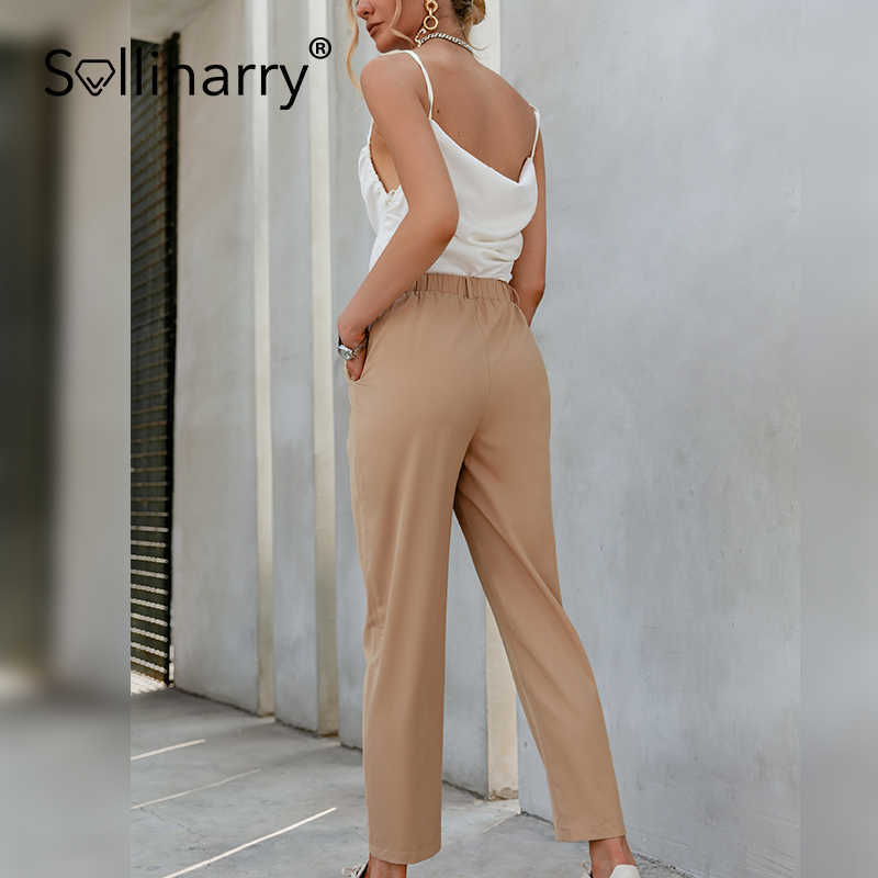 Sollinarry High street pocket summer pants women Casual elastic splice female bottoms Elegant office chain solid pants 210709