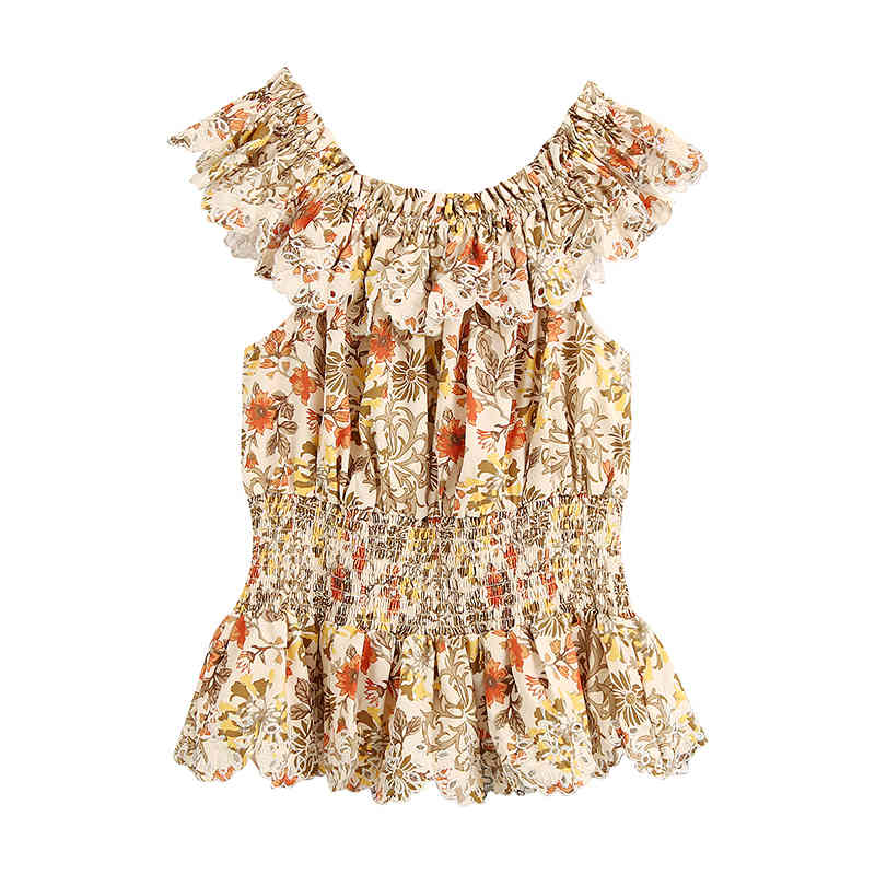 Sleeveless Floral Print Blouse Woman Elastic Waist Embroidery Stylish Chic Shirt Hollow Out Holiday Pleated Blouses Lady 210515