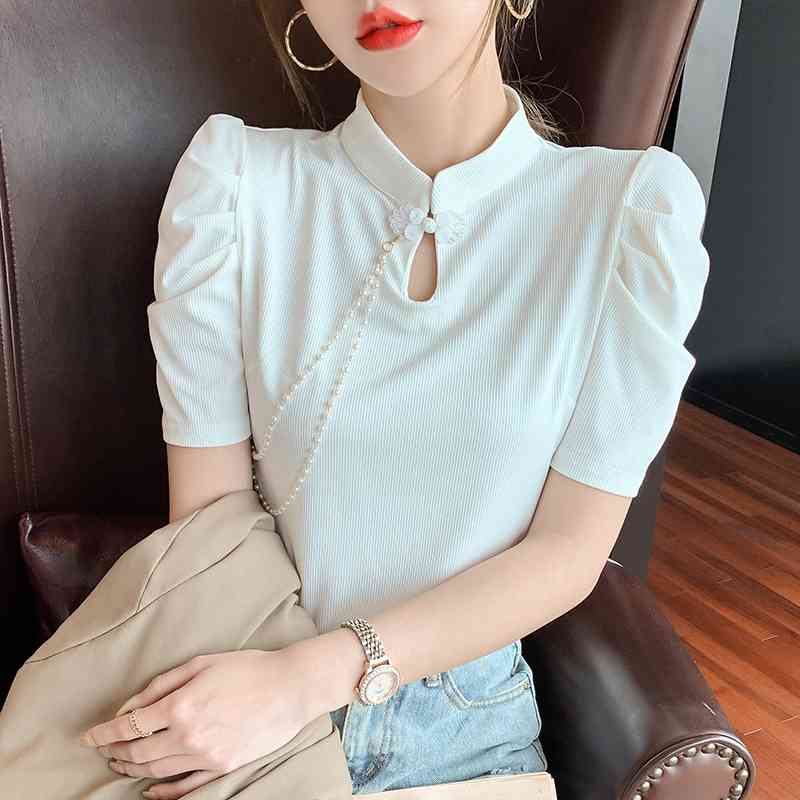 Retro Button Chain Bubble Sleeve Shirt Women's Spring Casual Solid Color Blouse Lady Slim Tops Blusas Mujer White Black 210515