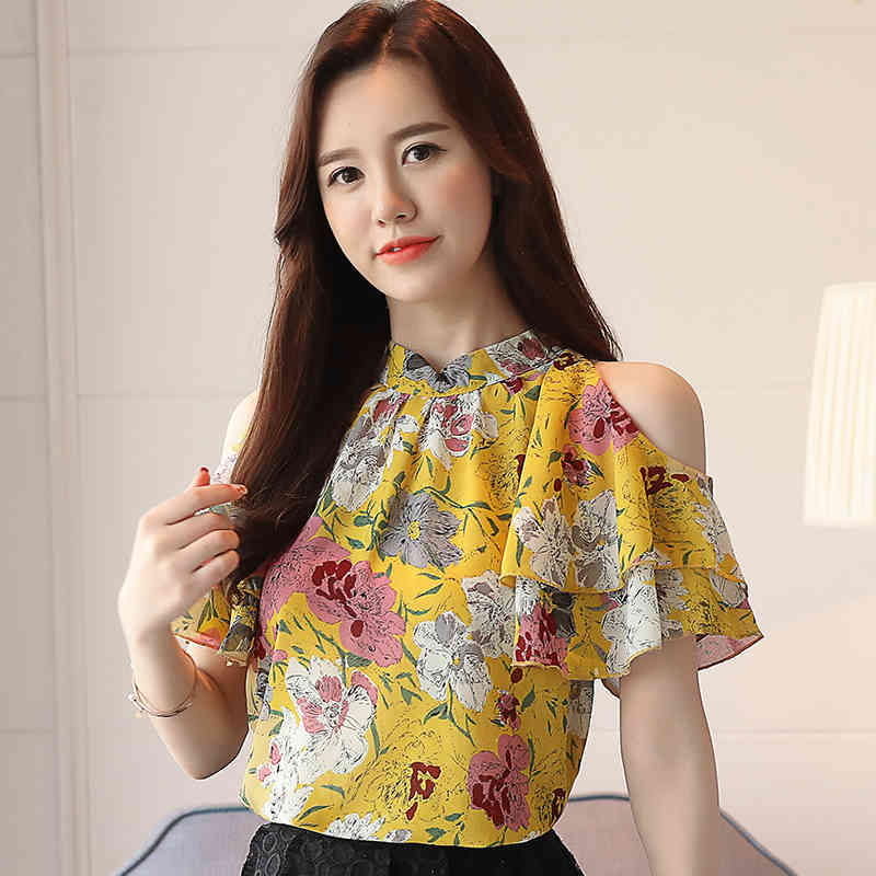 fashion woman blouses print chiffon women blouse shirt off shoulder tops summer womens and blusas 0175 60 210506