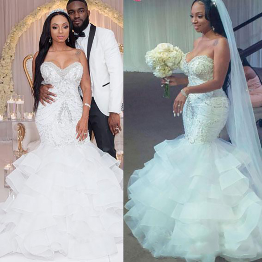 2021 Sexy Mermaid Wedding Dresses Sweetheart Crystal Pearls Beaded Embroidery Ruffled Layered Nigerian Bridal Wedding Gowns