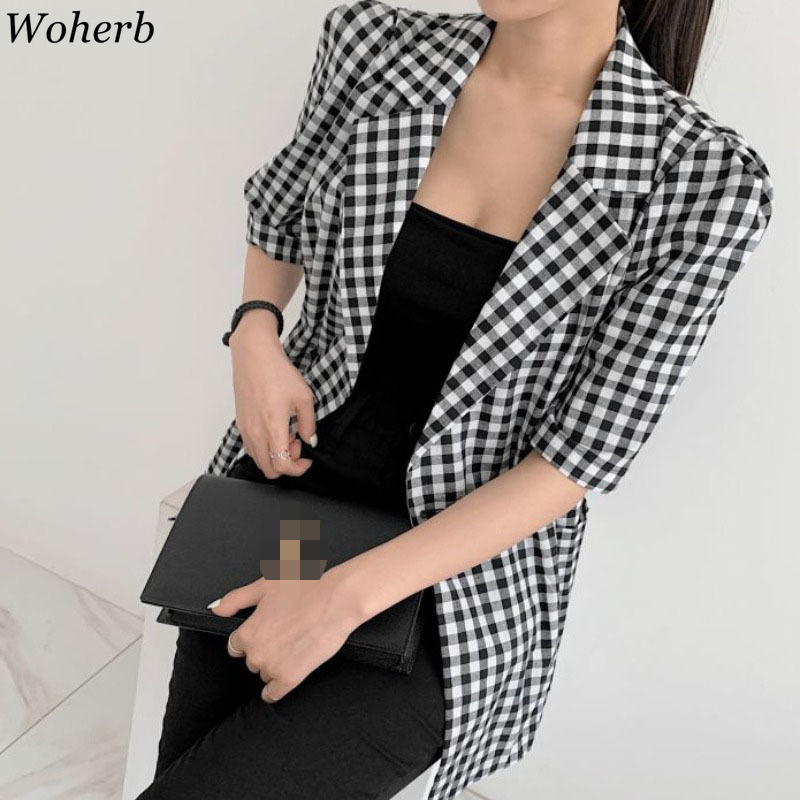 Vintage Plaid Suit Blazer Women Korean Casual Elegant Loose Jacket Fashion Wild Double Breasted Temperament Coat Tops 210519