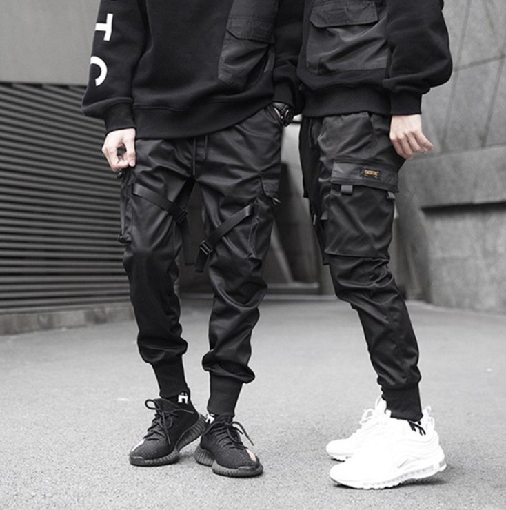 Joggers Men Black Tactics Cargo Pants Hip Hop Streetwear Pencil Sweatpants Ribbon Pocket Trousers Elastic Waist HG094 Men's