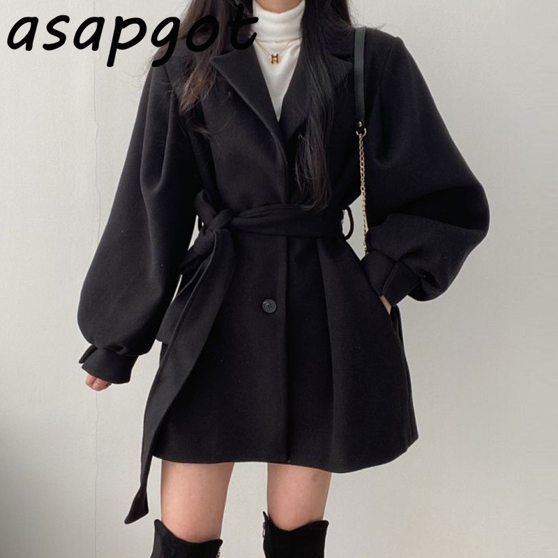 Coats & Jackets Wool Blends Quilted Chic Autumn Oversize Notched Two Button Slim Lantern Sleeve Woolen Coat Women Belt 210429