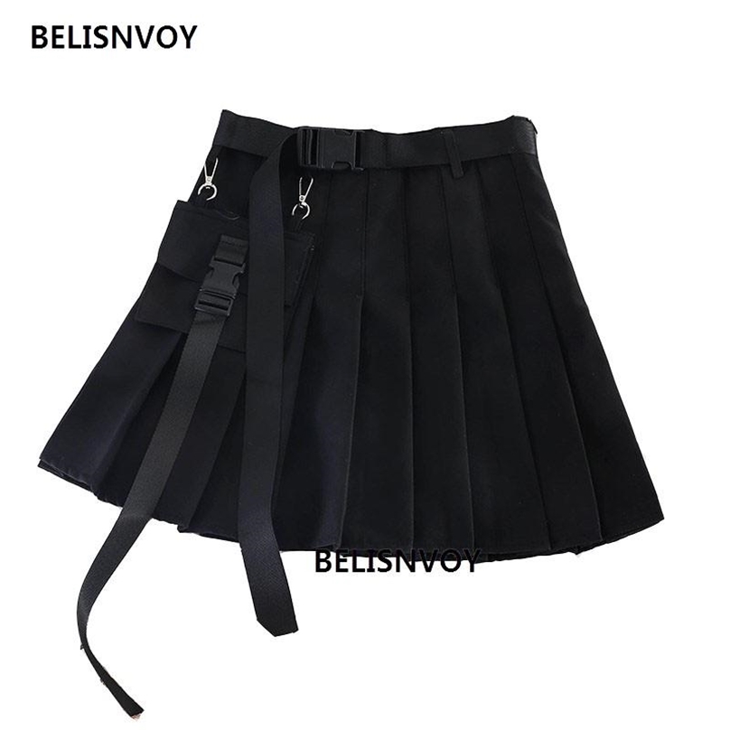 Japanese Harajuku Women Streetwear Skirt Gothic Punk Style High Waist Female Saias Mini Pleated With Belt Office 210520, Black 
Japanese Harajuku Women Streetwear Skirt Gothic Punk Style High Waist Female Saias Mini Pleated With Belt Office 210520, Black