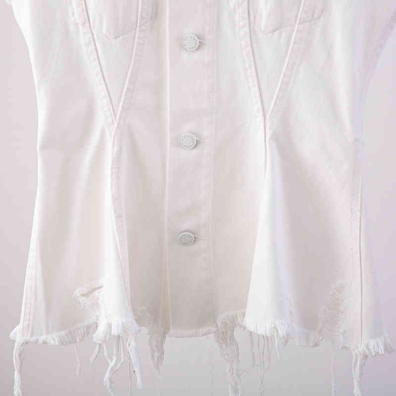 White Minimalist Patchwork Tassel Coat For Women Lapel Sleeveless Straight Coats Female Spring Fashion Clothes 210524