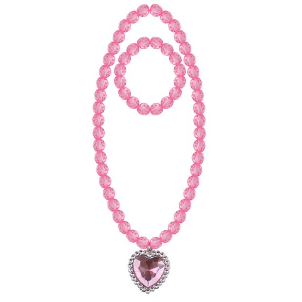 Beads Necklace and Bracelet Set for Kids Girls Jewelry with Crystal Heart Pendant Dress Up Pretend Play Party Favor Pink Blue Purple