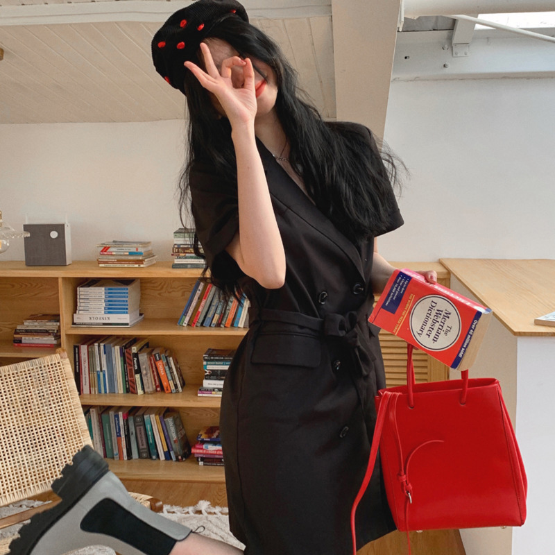 Women Dress Lapel Collar High Waist A-line Short Sleeve Temperament Fashion Summer 2H734 210526