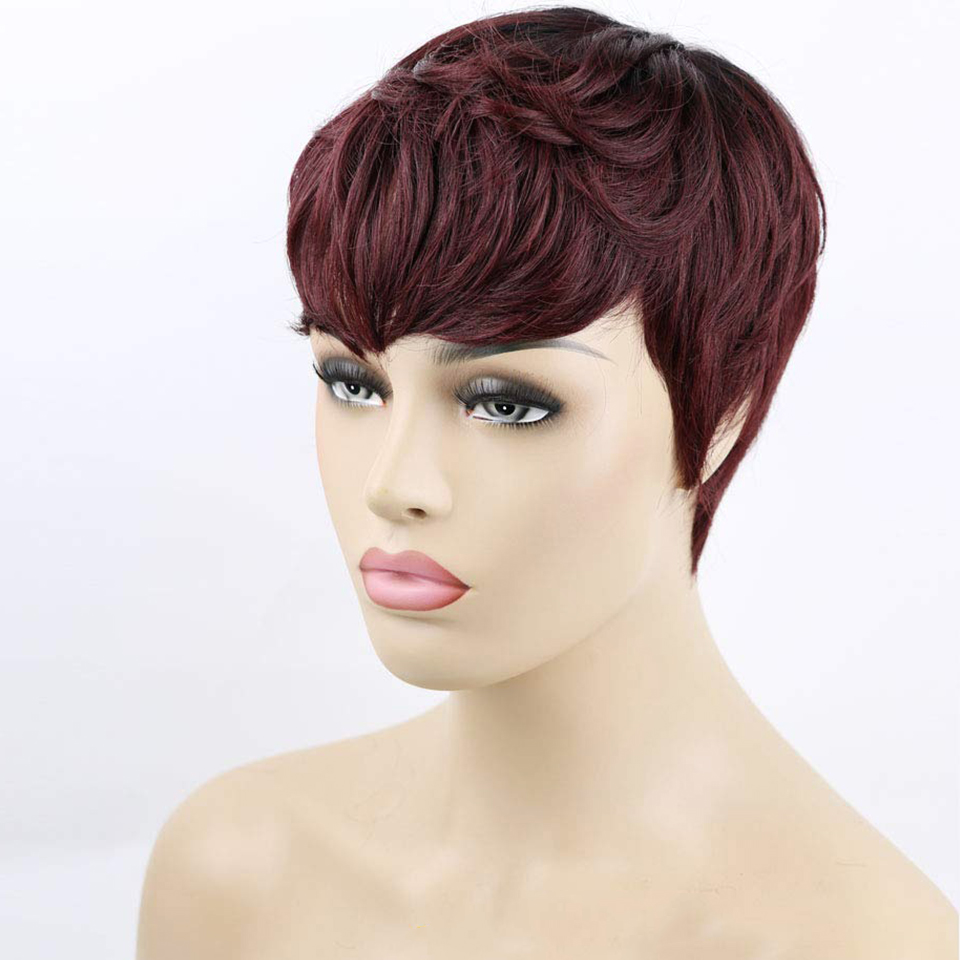 Short Wigs With Bangs Burgundy Red Highlight Virgin Hair Pixie Cut Human Hair Wigs For Black Women Cheap Hair Straight Bob Wigfactory direct