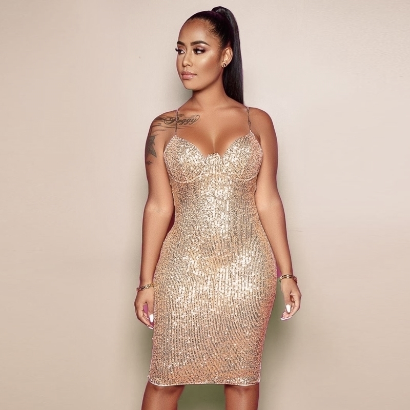 Sexy Padded V Neck Stretchy Silver Sequin Mini Dress Gold Tight Package Hips Backless Full Lining Evening Club Party Dress 201025