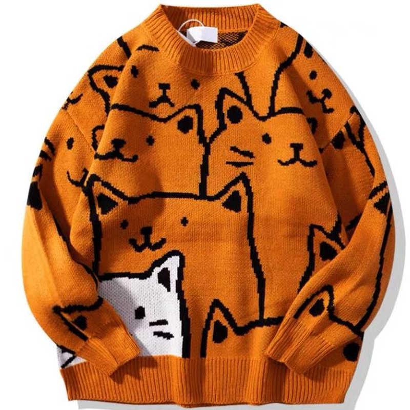 Japanese Harajuku Vintage Sweater Men Autumn Winter Cartoon Loose Knitted Sweater Hip Hop Streetwear Knitwear Pullovers 211018