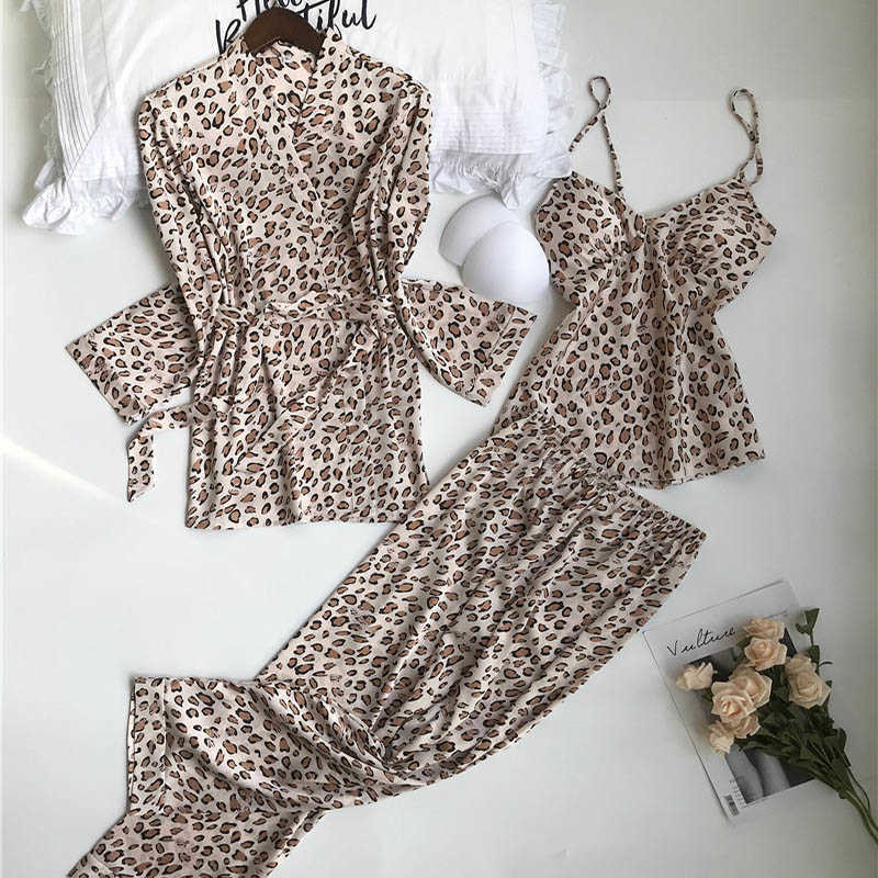 3PCS Women Pajamas Set Lady Emulation Silk Pyjama Sets Flower Sleepwear Female Leopard Satin Homewear With Removable Padded 210924