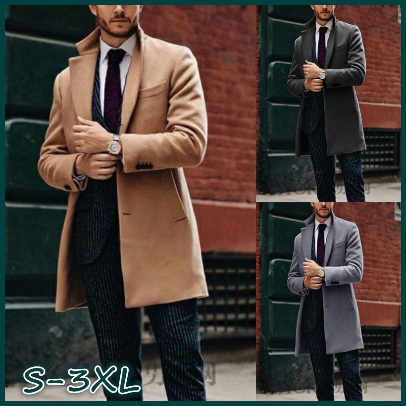 Fashion Men British Mid-length Long Sleeve Woolen Coat Trench Coats, Black