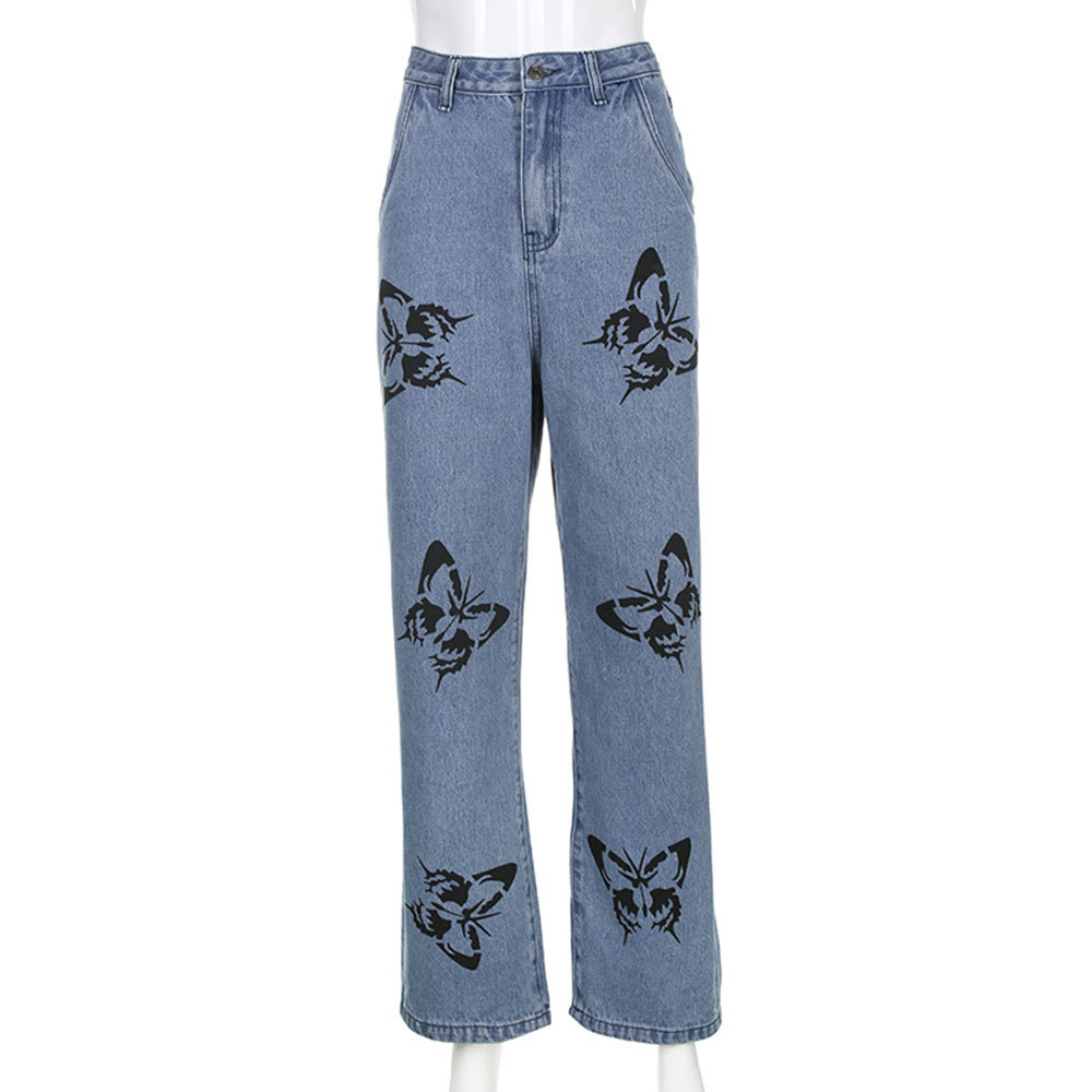 Casual High Waist Butterfly print Jeans Long Trousers Vintage Wide Leg Pants Streetwear Loose Blue 210428