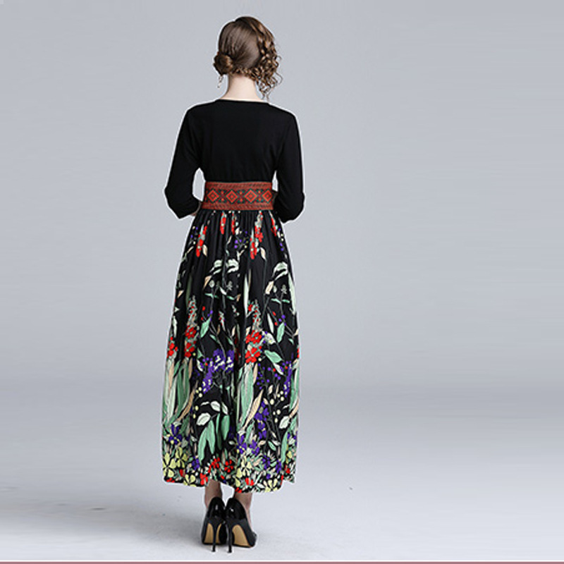 VKBN Spring and Summer Women Dress Up Printing Three Quarter Knee-Length V-Neck Empire Dresses Long 210507