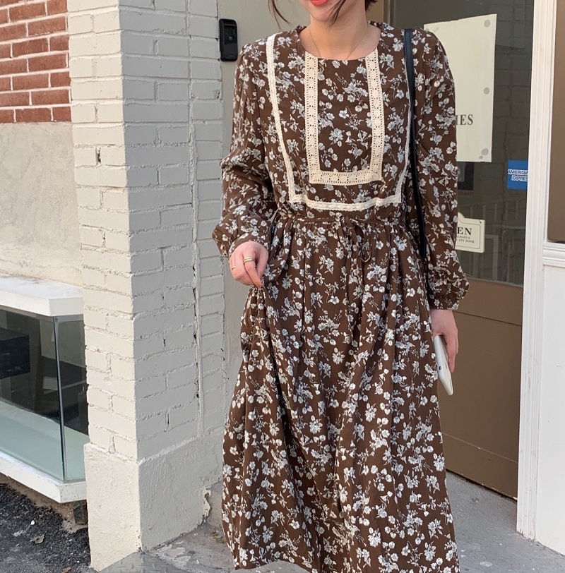 Comelsexy Women French Retro Dress O-Neck Printing Lace Loose Gentle Full Sleeves Elegant Long Chic Female Fashion Clothe 210515