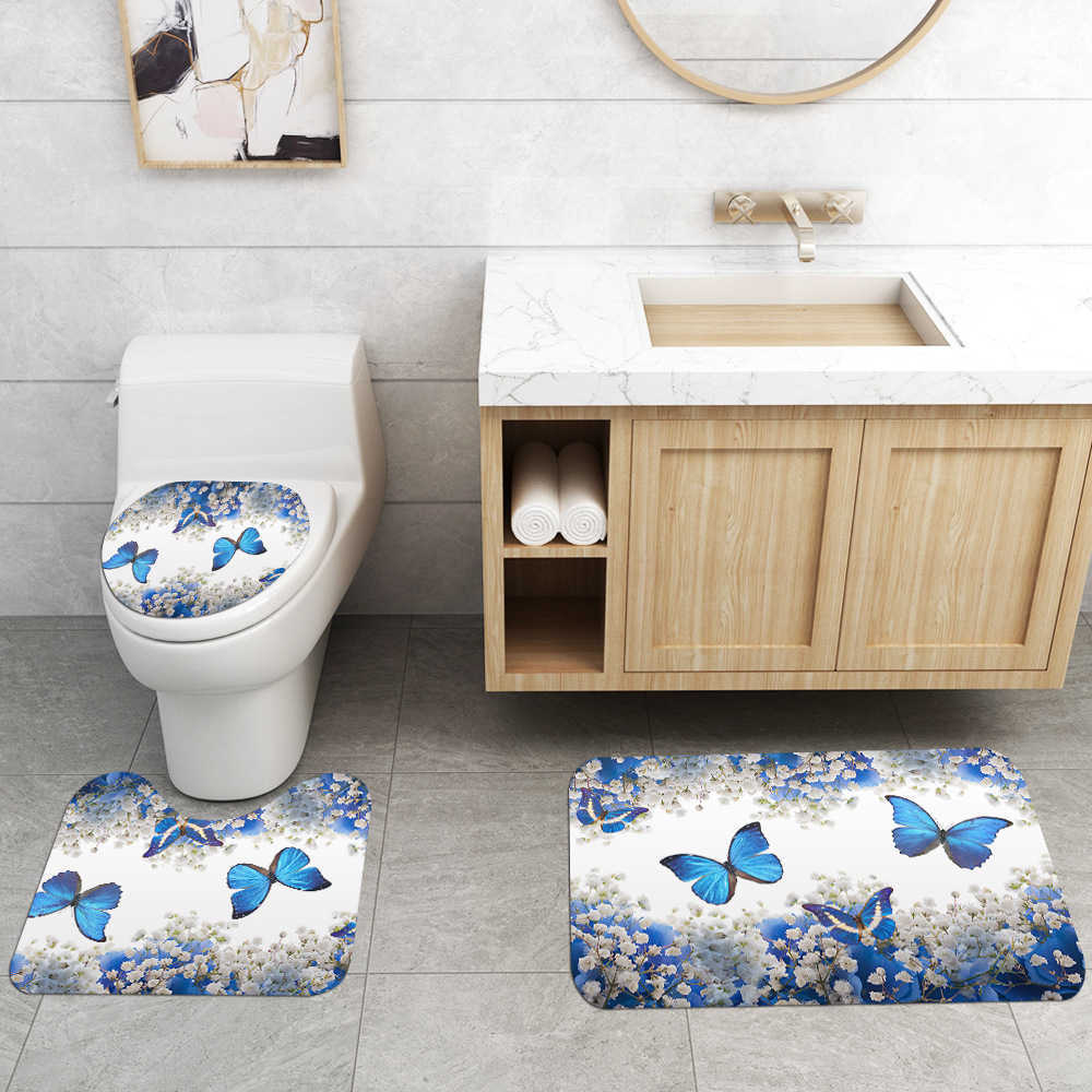Blue Shower Curtain 4 Piece Carpet Cover Toilet Cover Bath Mat Pad Set Bathroom Curtain with 12 Hooks Home 210609