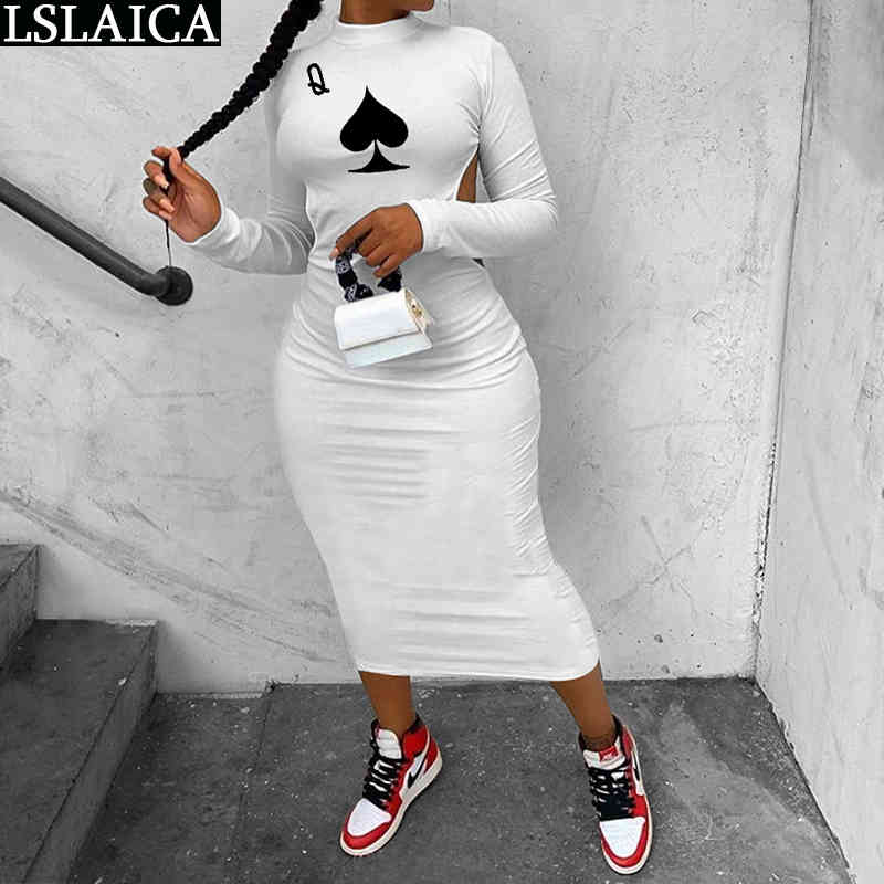 Sexy Dress Women Poker Print Autumn Stand Collar Backless Long Sleeve Hollow Bodycon Female Maxi Club Party Vestidos 210520