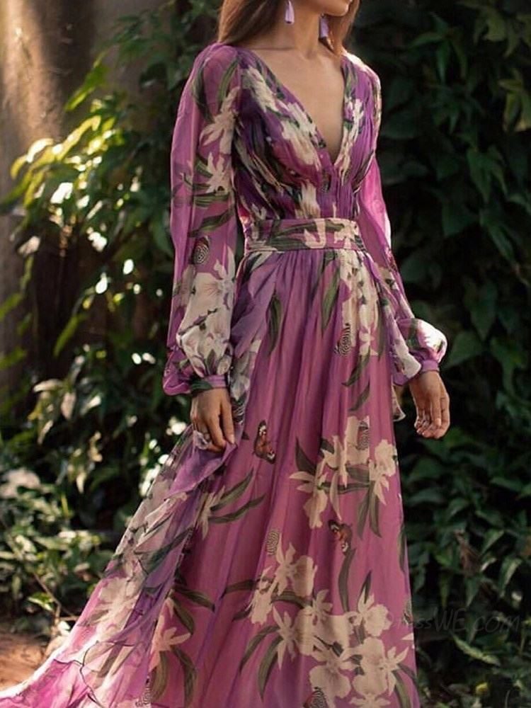 Women Dress Deep V Neck Puff Sleeve Print es Long Large Hem Bohemia Sexy Floral Maxi es 210513