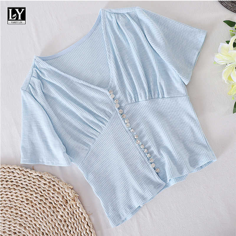 LY VAREY LIN Summer Women Sweet Short Sleeve Solid Color Slim Tops Casual V-neck Single Breasted High Waist Female 210526, Blue
LY VAREY LIN Summer Women Sweet Short Sleeve Solid Color Slim Tops Casual V-neck Single Breasted High Waist Female 210526, Blue