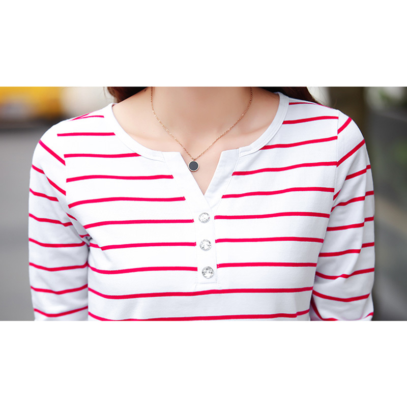 Spring Plus Size V-neck T-Shirt Women Long Sleeve Stripe T Shirt Autumn Casual Fashion Korean Cotton Tee Loose Lady Clothing 210510