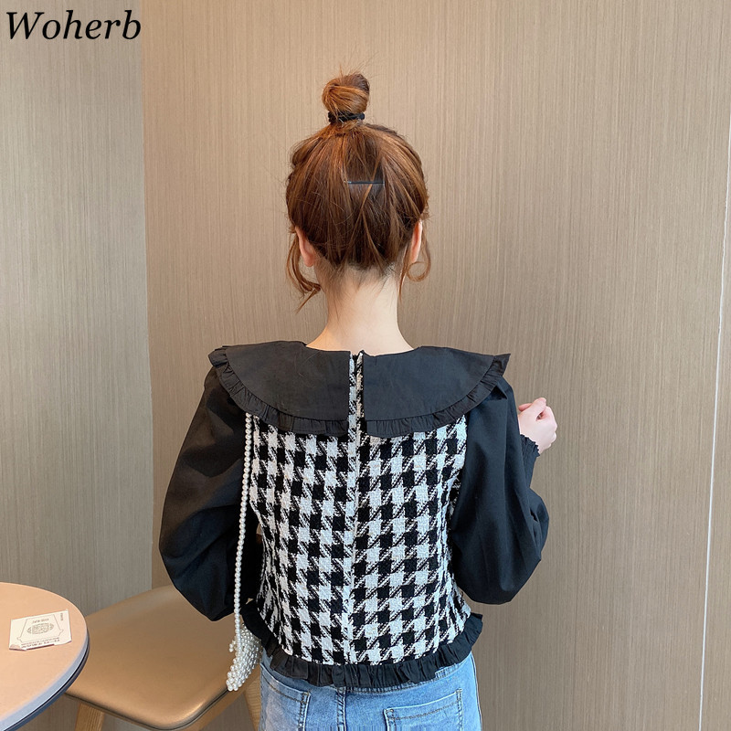 Sweet Plaid Blouse Women Peter Pan Collar Shirt Causal Long Sleeve Blouses Korean Spring Blusas Top 210519