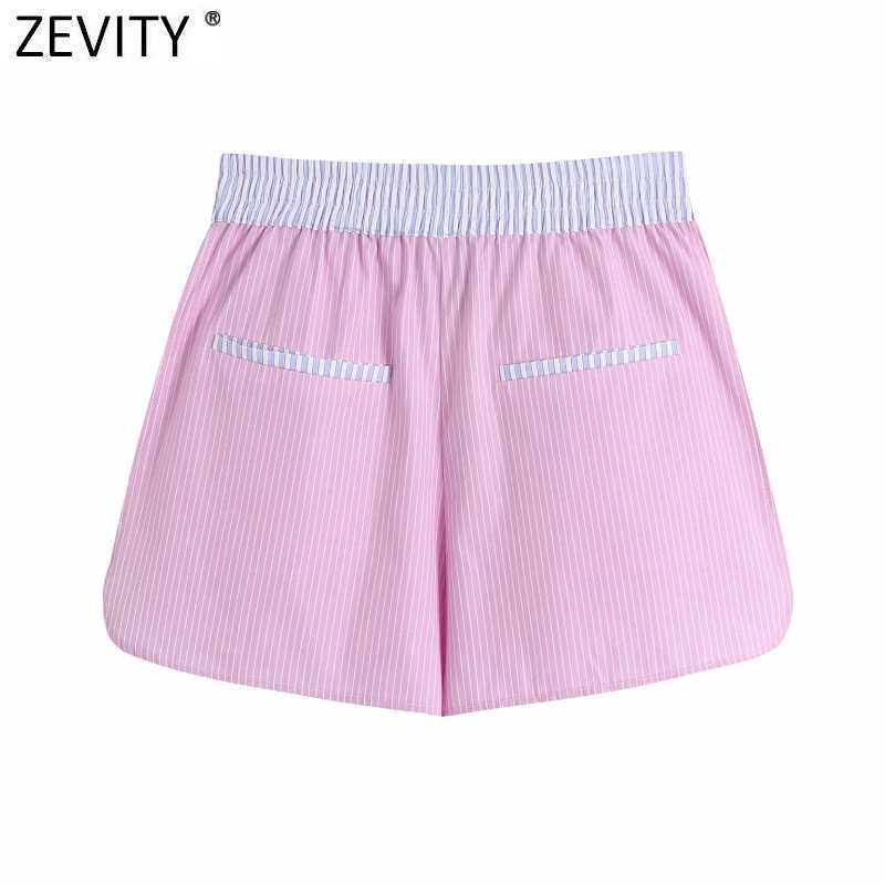 Zevity Women Fashion Patchwork Striped Print Casual Summer Shorts Ladies Chic Elastic Waist Pink Color Pantalone Cortos P1029 210603