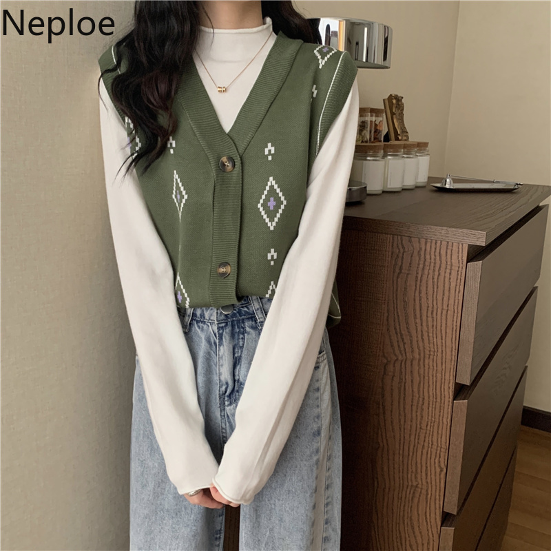 Neploe Sweater Vest Casual V-Neck Sleeveless Vintage Sweater Cardigan Jacket Korean Jacquard All-match Outer Wear Waistcoat 210422