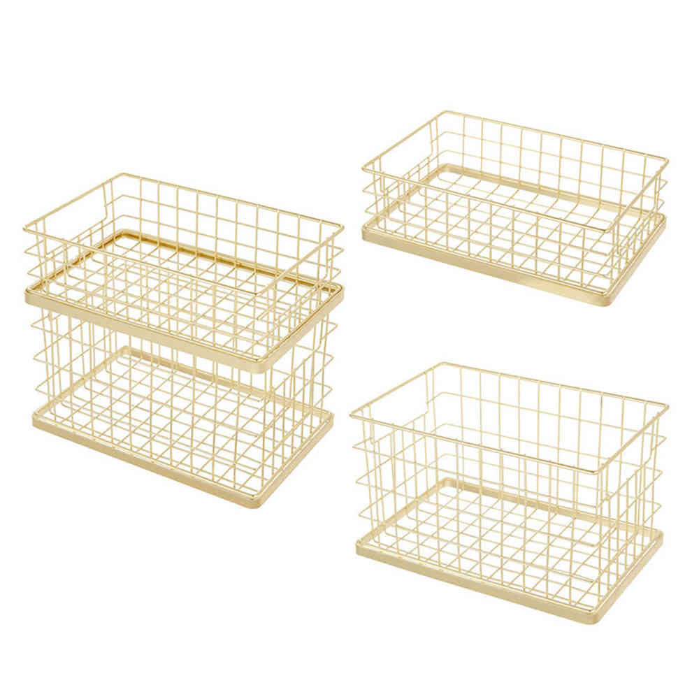 Wrought Iron Gold Storage Basket Office Desk Sundries Makeup Brushes Pen Holder Table Cosmetic Organizer Net Basket