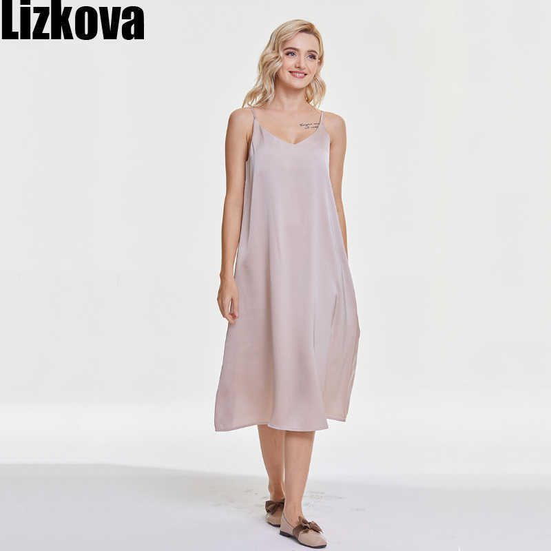 Lizkova Summer Satin Dress Women V-neck Sleeveless Vestidos Green Spaghetti Strap Robe Strap Adjust 210630