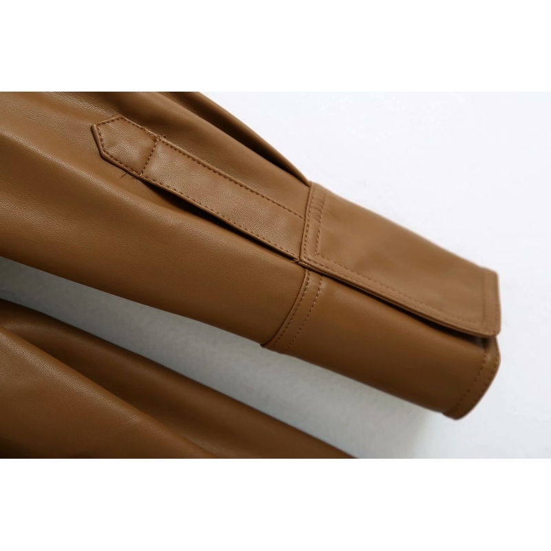 Long PU Leatehr Coats Autumn Fashion Pockets Ladies Casual Waist Belt Female Jacket Brown Girls Coat 210430