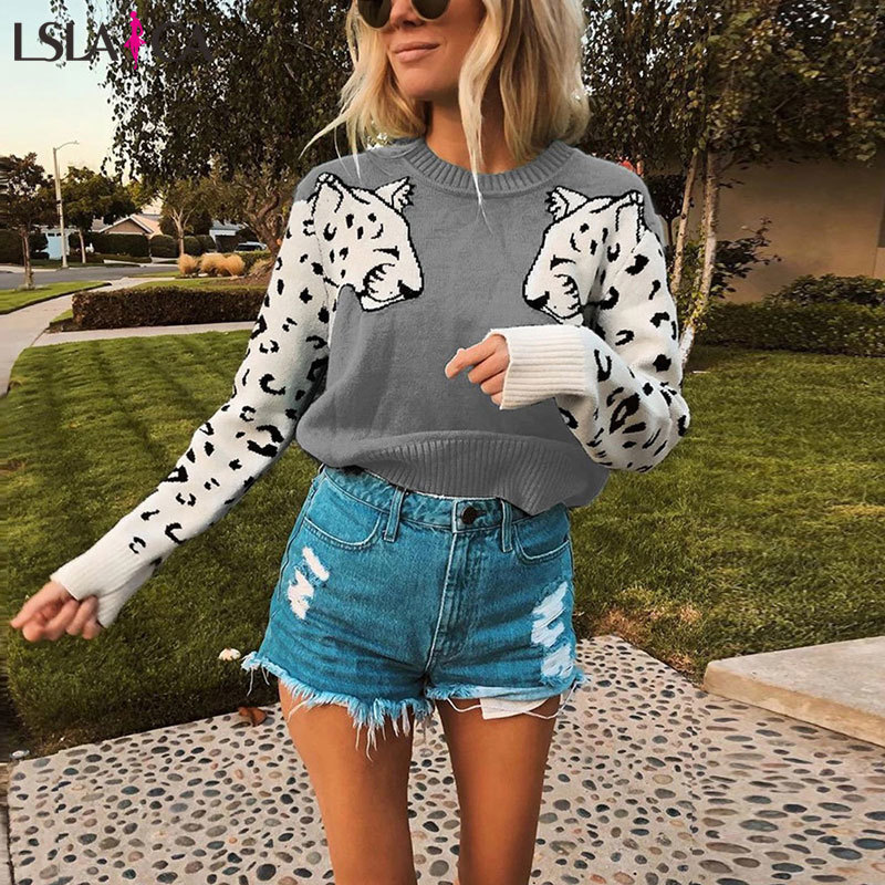 sweater for women contrast color mosaic leopard pattern long-sleeved shirt women's knit sleeve casual loose O-Neck Autumn 210515