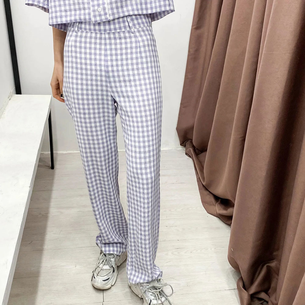 BBWM Women Vintage Plaid Print Casual Straight Pants Retro Female Side Zipper Pantalones Mujer Chic Long Trousers 210520