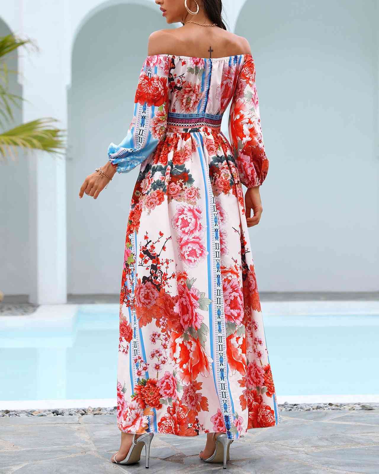 Women Dress Slash Neck Long Sleeve Print Dresses Plus Size Split Sexy Off Shoulder Flowers Fashion 210513