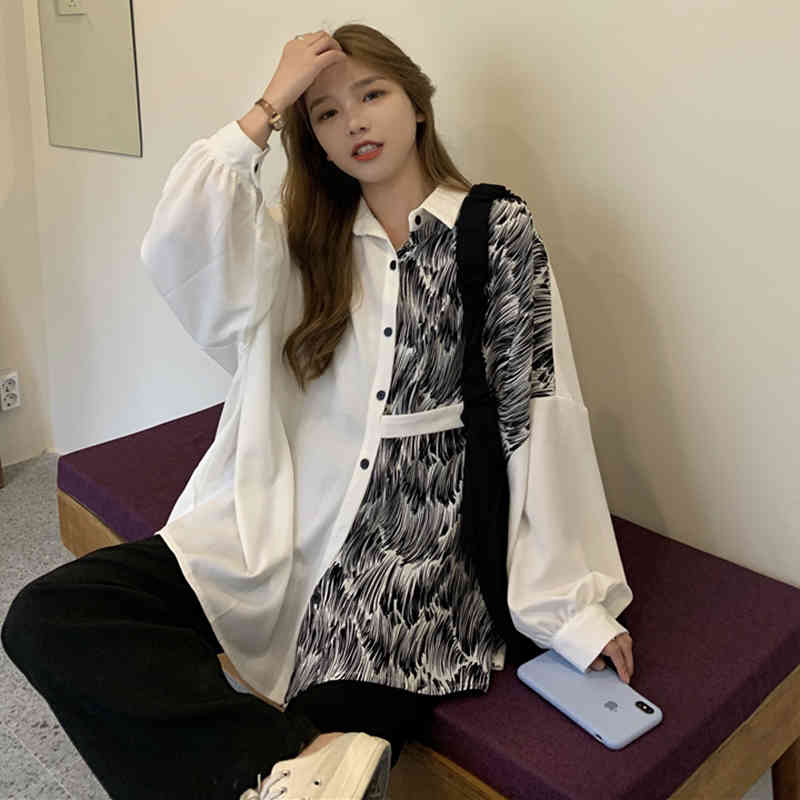 Personality Patchwork Blouse Womne's Spring Lapel Large Size Single Braested Long Sleeve Shirt Female 5B872 210427