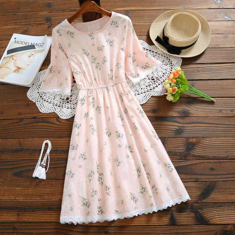Actual S of Long and Medium-length Women Dress, Cotton Flower sweet Dress for Women's Wear in 4619 50 210510