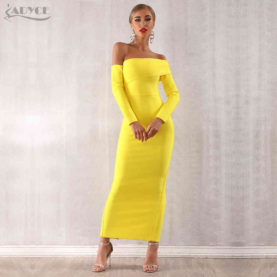 Winter Sexy Women Bandage Dress Long Sleeve Yellow Draped Off Shoulder Maxi Celebrity Evening Party Dresses 210423