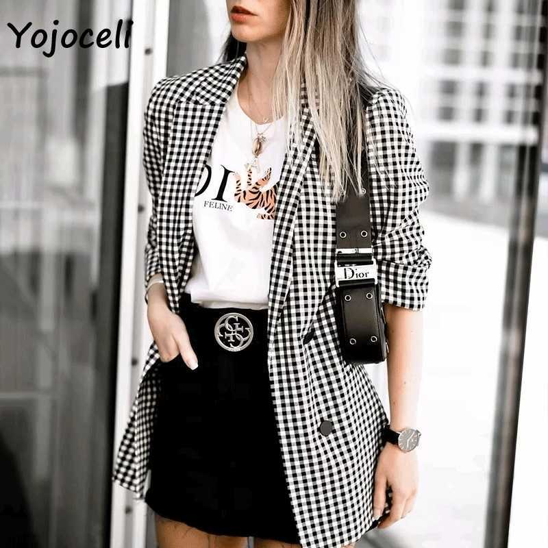 Yojoceli casual black white plaid blazers jackets top streetwear coats 210609