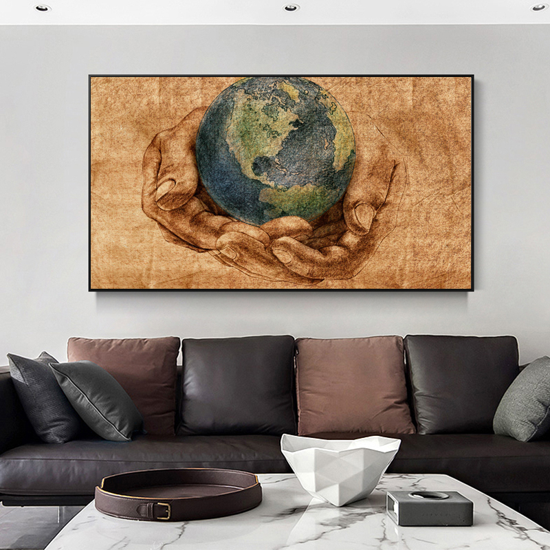 Earth on Hands Vintage Decorative Paintings Retro Posters Wall Art Pictures For Living Room Canvas Prints Home Decor