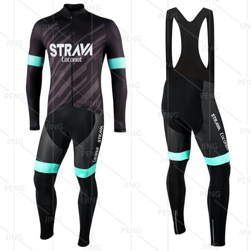 Racing Sets STRAVA Men's Team Spring/Autumn Cycling Jersey Set Bicycle Breathable Sleeve Suit Shirt Bike Quick Dry Long Bibs Pants Gel Pad, Black;blue
