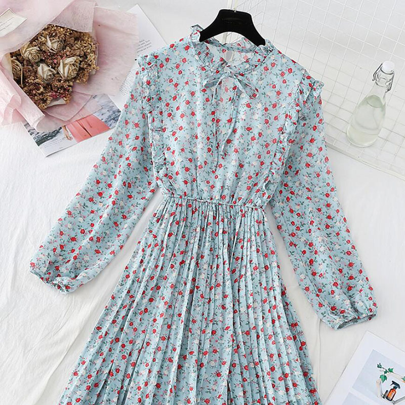 Spring Vintage Floral Print Women Dress Elastic Waist Ruffle Chiffon Long Sleeve A Line Dress O Neck Summer Beach Vestidos 210521