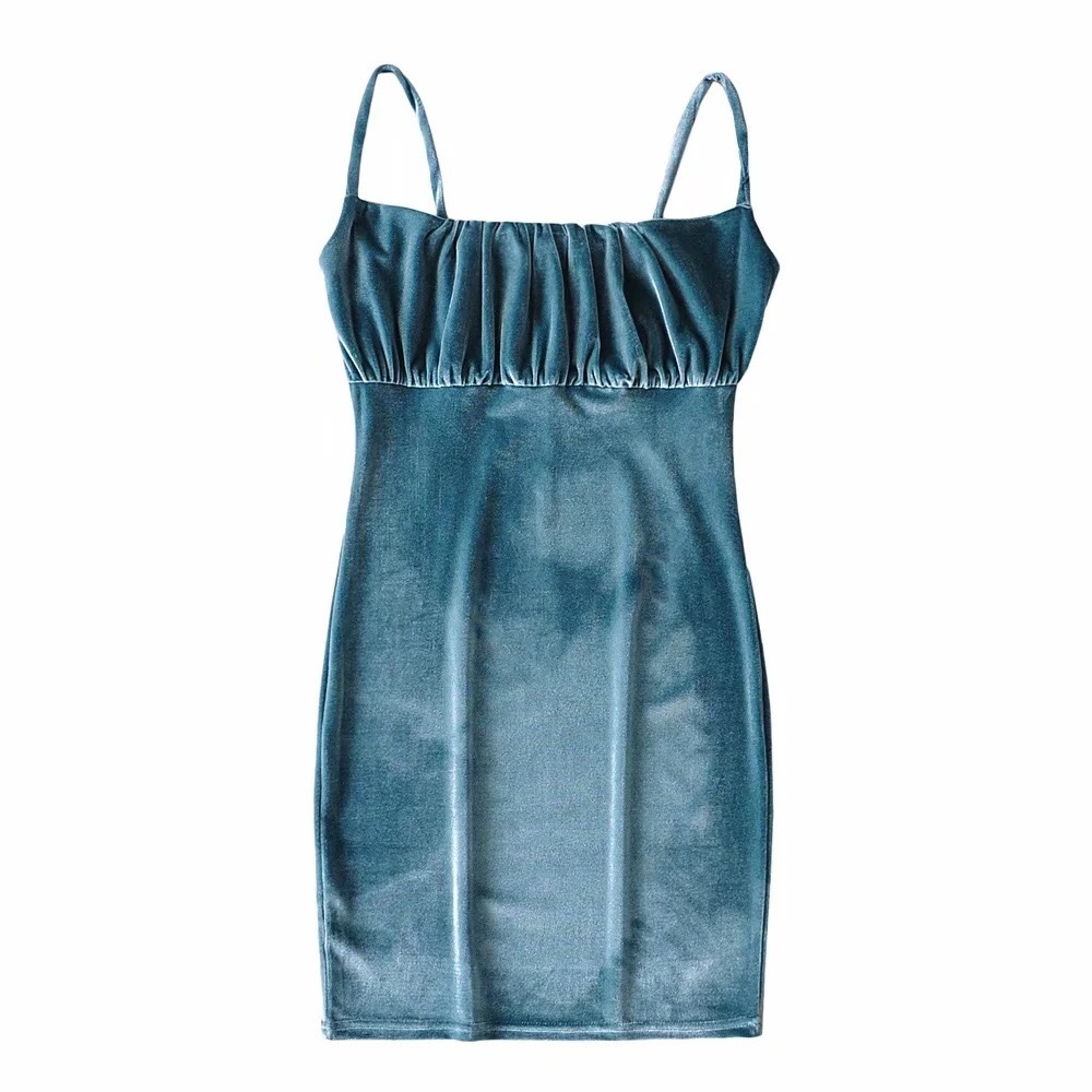 Vintage Sexy Women Pleated Ruched Spaghetti Strap Mini Short Velvet Dress Velour Party Package hips 210429
