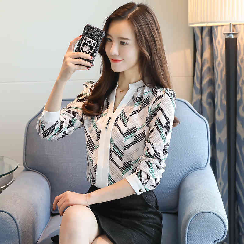 autumn OL style women tops print shirt V-neck Slim elegant Long sleeved blouses plus size chiffon D179 30 210506