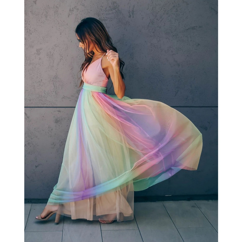 Women's Rainbow Beach Slip Dress Summer New Fashion Ladies Sling Vestidos Sexy Deep V Mesh Suspender Maxi Party Dresses 210422 C260312