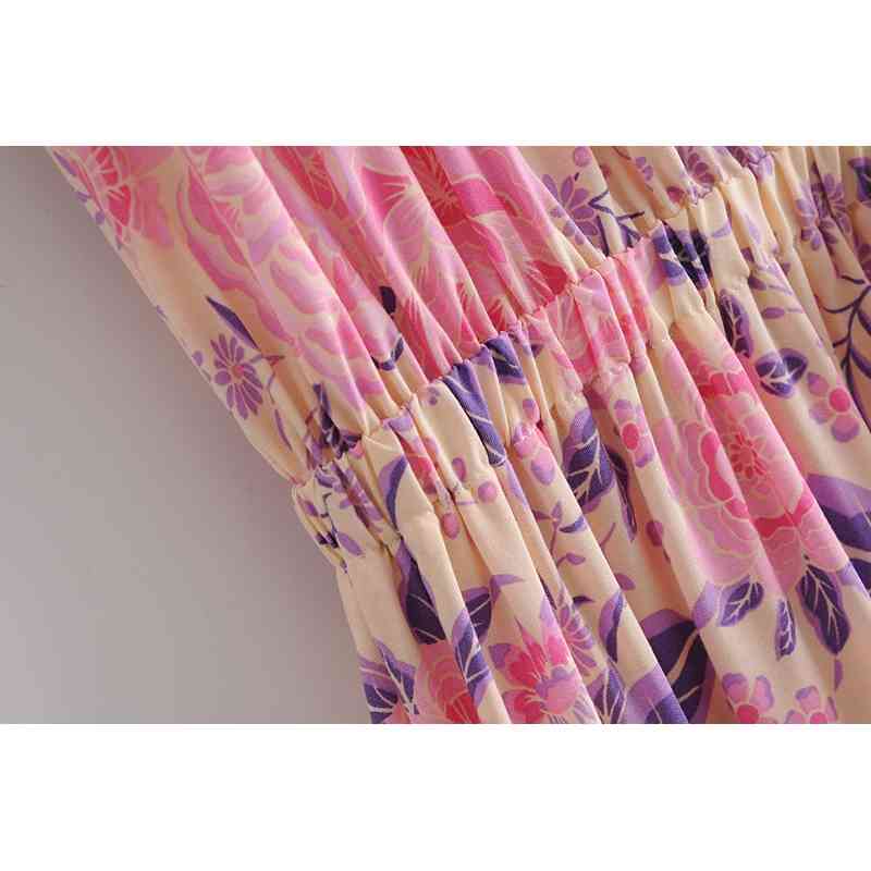 Spring Bohemia Tassel Lacing up Collar Pink Flower Print Dress BOHO Woman Adjust Waist Maxi Long Holiday Dresses Beach 210429