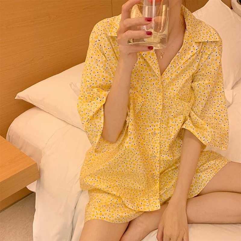 QWEEK Korean Pajamas Girls Women Home Suit Female Set Woman 2 Pieces Sleepwear Summer Floral Print Pijama Short Sleeve Pyjamas 210924