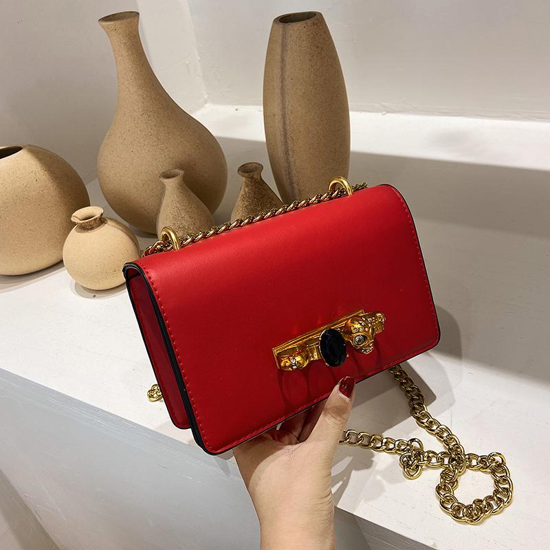 Cross Body Punk Skull Chain Clutch Women Bags 2021 Crystal Diamond Drilled Cranial Head Ring Fashion Handbag White Leather Shoulder Bag